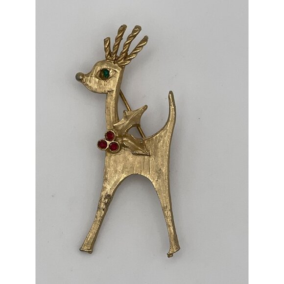 Christmas Reindeer Brooch Gold Tone Red Green Accents 2.5" - Picture 1 of 8